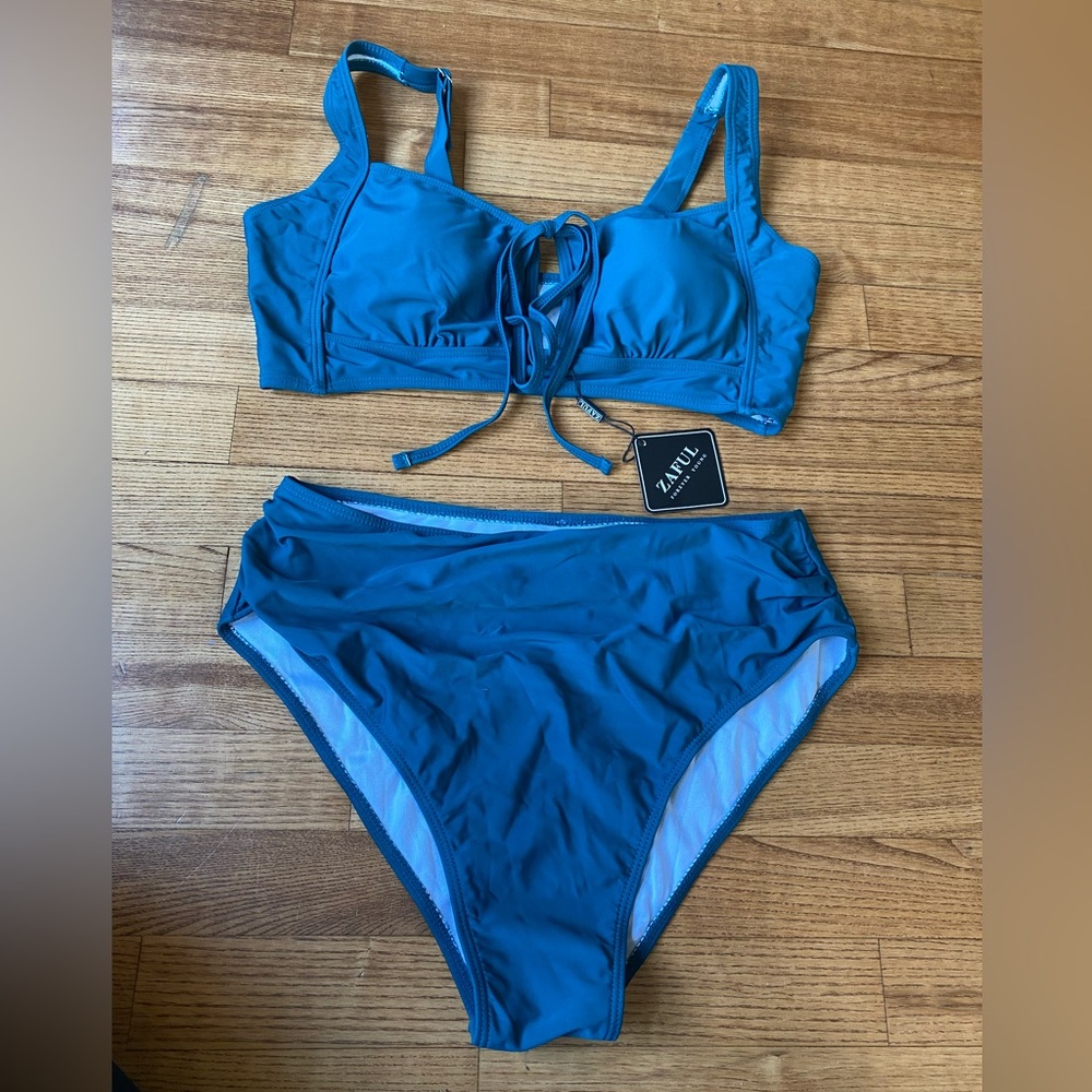 NWT Zaful Dark forest Green womens L Bikini Set high waisted supportive top cups - Picture 4 of 10